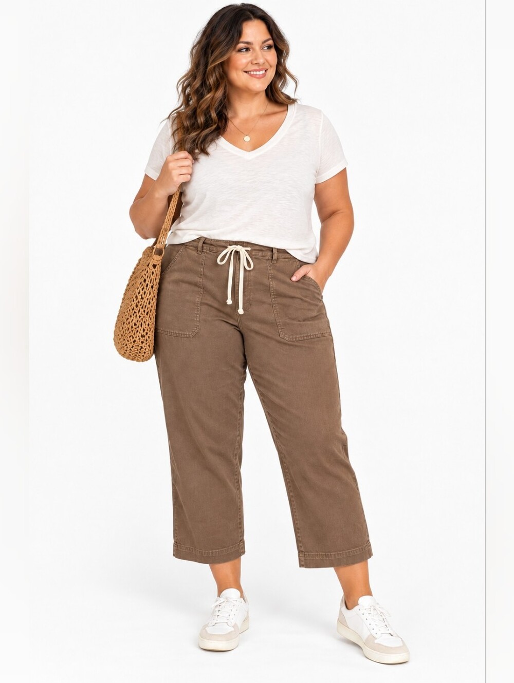 Ava & Viv Women's Size 20 Brown Cropped Utility Pants Drawstring Stretch NWT